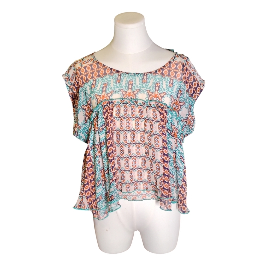 Gypsy 05 Global Village Sheer 100% Silk Blue Orange and Black Blouse Size Large